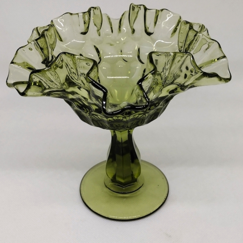 Vintage Fenton Colonial Green Thumbprint Ruffled Crimped Edged Compote